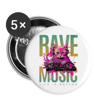 Rave-Musik-DJ-Katze - Buttons groß 56 mm (5er Pack) - Weiß - Vorne
