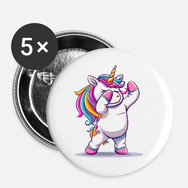 Regenbogen Dab Einhorn - Buttons groß 56 mm (5er Pack) - Weiß