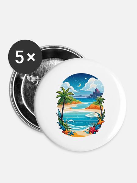 Strandurlaub Sonne Meer - Buttons groß 56 mm (5er Pack) - Weiß