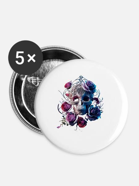 Skull and Roses - Buttons groß 56 mm (5er Pack) - Weiß