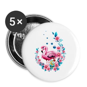 Flamant rose élégant avec des fleurs tropicales. - Lot de 5 grands badges (56 mm) - blanc - Devant