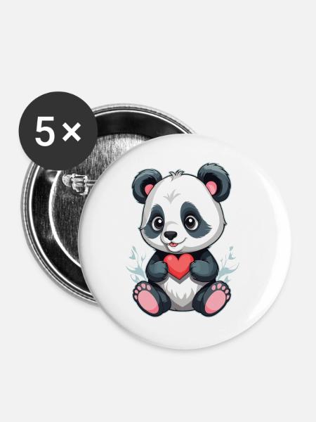 Panda mit Herz - Buttons groß 56 mm (5er Pack) - Weiß