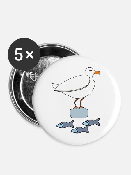 möve mit fischen - Buttons groß 56 mm (5er Pack) - Weiß