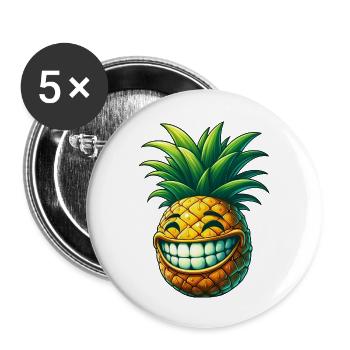Ananas Frucht Sommer Cartoon Grinsen Süß Cool - Buttons groß 56 mm (5er Pack) - Weiß - Vorne