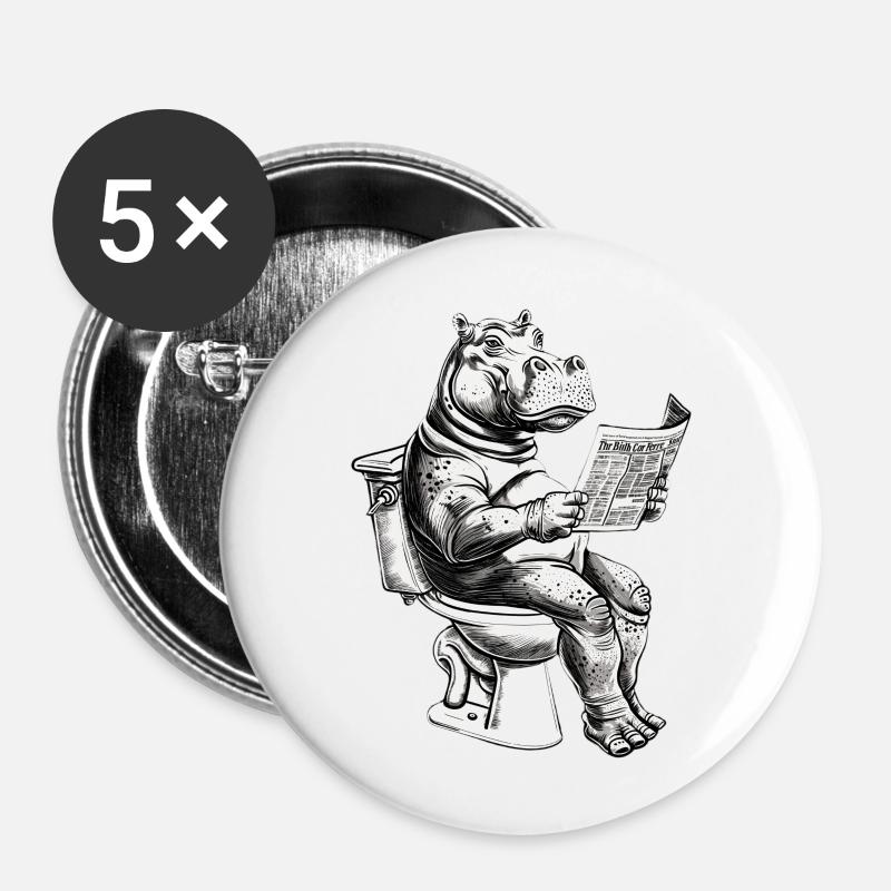 Lachendes Nilpferd mit Zeitung - Buttons groß 56 mm (5er Pack) - Weiß
