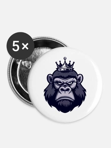 Gorilla Kopf Krone - Buttons groß 56 mm (5er Pack) - Weiß