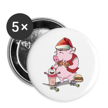 Nikolaus Weihnachtsmann Skater Skaten Schweinchen - Buttons groß 56 mm (5er Pack) - Weiß - Vorne