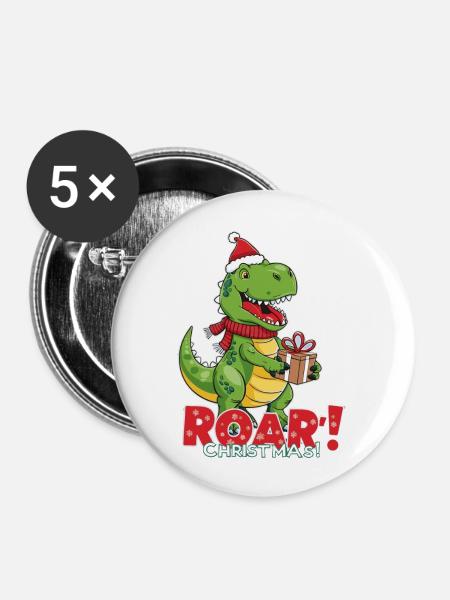 Weihnachtlicher Dinosaurier – ROAR - Buttons groß 56 mm (5er Pack) - Weiß