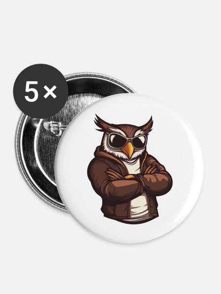 Eule Comic Cool - Buttons groß 56 mm (5er Pack) - Weiß