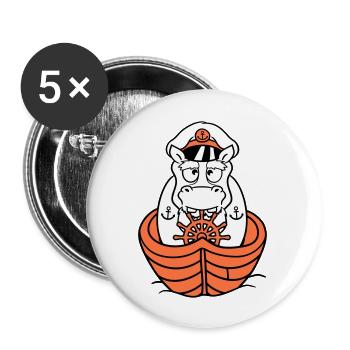 Lustiges Nilpferd Kapitän Segelt Süß Cartoon Comic - Buttons groß 56 mm (5er Pack) - Weiß - Vorne