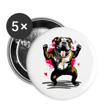Bulldog Street Art avec chaîne d’os - Lot de 5 grands badges (56 mm) - blanc - Devant