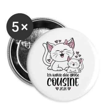 Große Cousine 2026 Kätzchen Katze Katzen Kinder - Buttons groß 56 mm (5er Pack) - Weiß - Vorne