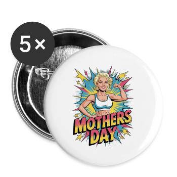 Fit Mom Power – Popart Motiv zum Muttertag - Buttons groß 56 mm (5er Pack) - Weiß - Vorne