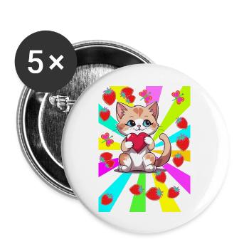 80er Teenie Sommer Erdbeer Katze Katzen Kind Herz - Buttons groß 56 mm (5er Pack) - Weiß - Vorne