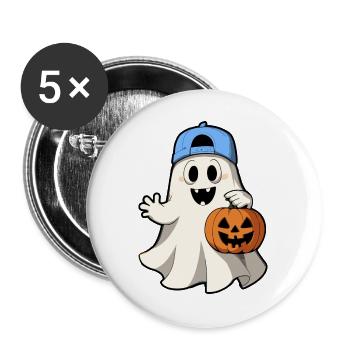 Fantôme avec citrouille pour Halloween avec casquette de baseball - Lot de 5 grands badges (56 mm) - blanc - Devant