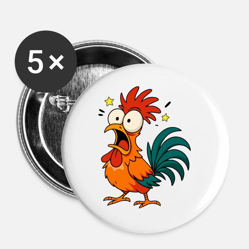 Crazy Rooster – Funny Chicken Cartoon Meme Design - Buttons groß 56 mm (5er Pack) - Weiß