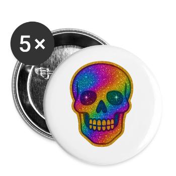 Regenbogen Skull Glitzer zu Halloween - Buttons groß 56 mm (5er Pack) - Weiß - Vorne