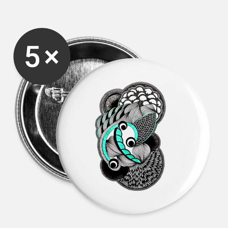 Koi Line Art in Turquoise and Black - Buttons large 2.2''/56 mm (5-pack) - white
