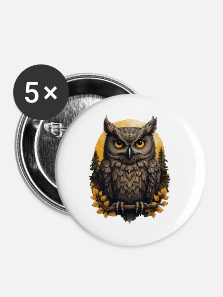 Weise Eulen im Herbstwald - Buttons groß 56 mm (5er Pack) - Weiß