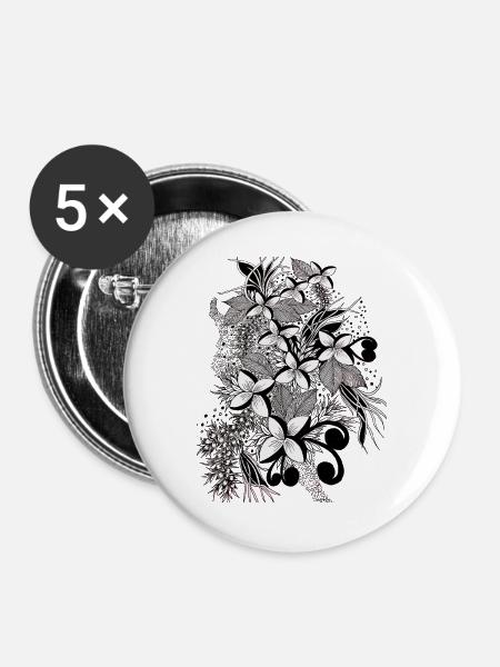 Monochrome Blütenlinien - Buttons groß 56 mm (5er Pack) - Weiß