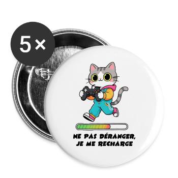 Chat gamer, ne pas déranger je me recharge - Lot de 5 grands badges (56 mm) - blanc - Devant