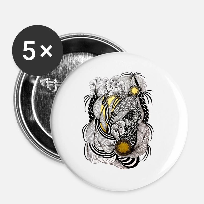 Gamme de fleurs fluides avec des accents dorés - Lot de 5 grands badges (56 mm) - blanc