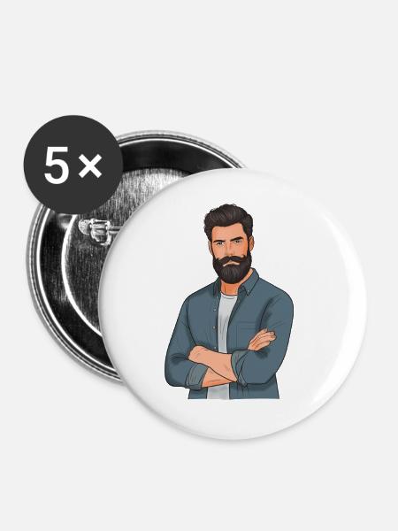 Bartträger Stil im Denimlook - Buttons groß 56 mm (5er Pack) - Weiß