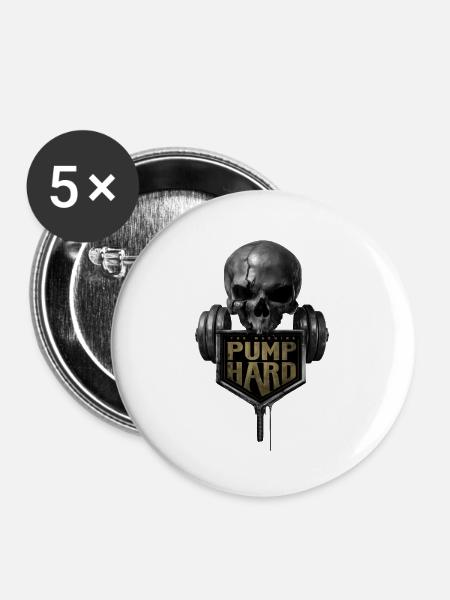 Schädel mit Hantel: Pump Hard - Buttons groß 56 mm (5er Pack) - Weiß