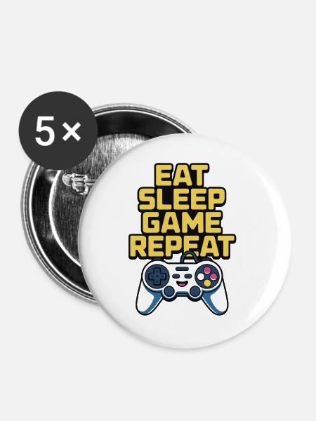Essen, Schlaf Spiel Wiederholen - Buttons groß 56 mm (5er Pack) - Weiß