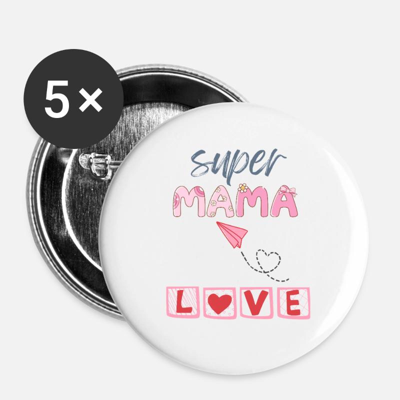 Super Mama - Herz Design - Buttons groß 56 mm (5er Pack) - Weiß