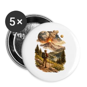 Hikers in front of erupting volcano and strange world - Buttons large 2.2''/56 mm (5-pack) - white - Front