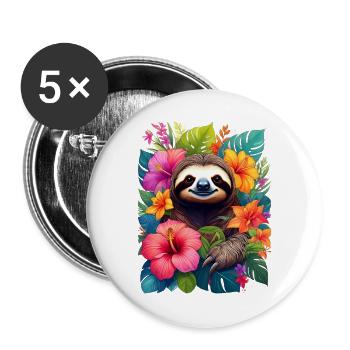 Faultier zwischen exotischen Blumen im Dschungel - Buttons groß 56 mm (5er Pack) - Weiß - Vorne