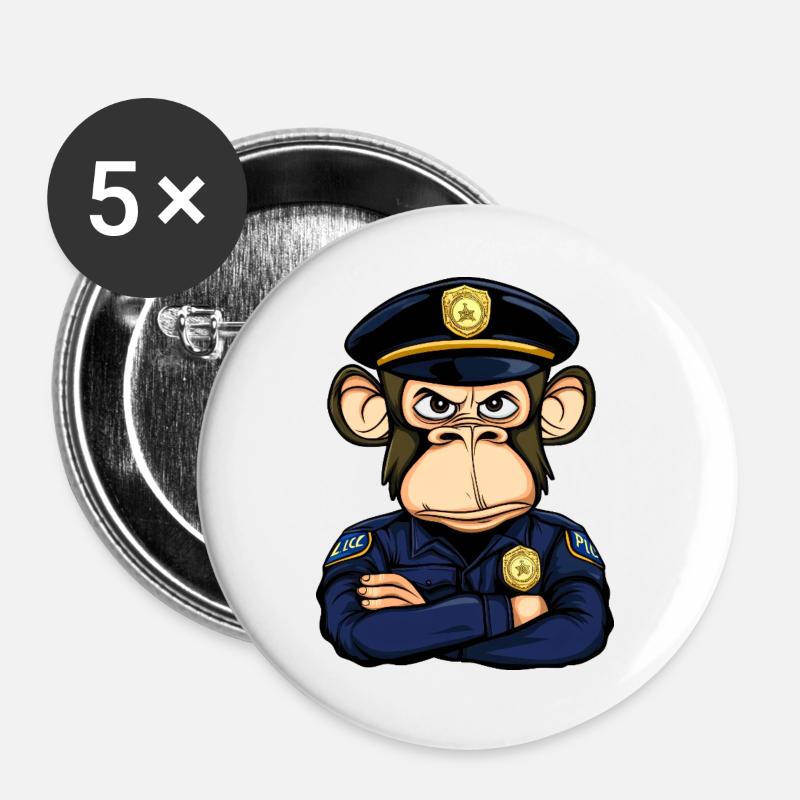 Polizei Affe - Buttons groß 56 mm (5er Pack) - Weiß