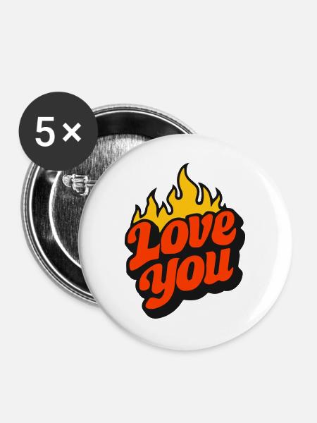Ich liebe dich mit Flammen - Buttons groß 56 mm (5er Pack) - Weiß