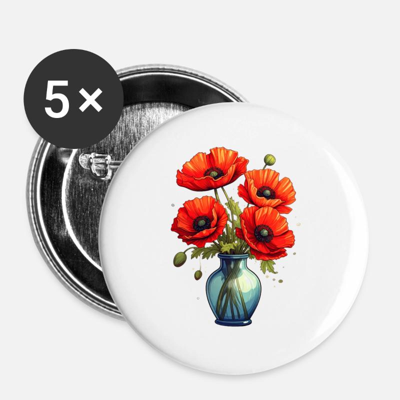 Vase mit Mohnblumen - Buttons groß 56 mm (5er Pack) - Weiß
