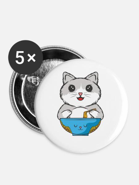 Katze isst Nudeln - Buttons groß 56 mm (5er Pack) - Weiß