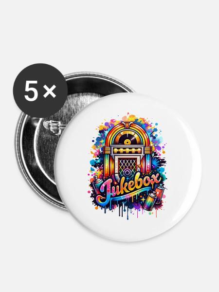 Bunte Jukebox im Graffiti-Style  - Buttons groß 56 mm (5er Pack) - Weiß
