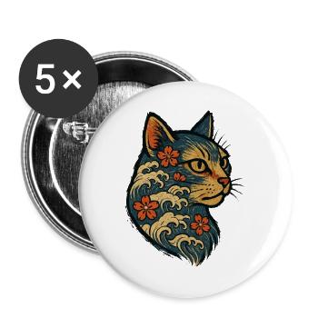 Chat Japonais Kanagawa Vagues Sakura - Lot de 5 grands badges (56 mm) - blanc - Devant