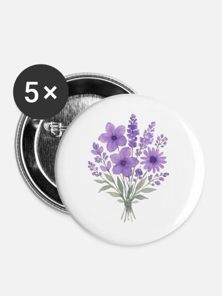 Lavendel Wasserfarben Bouquet - Buttons groß 56 mm (5er Pack) - Weiß