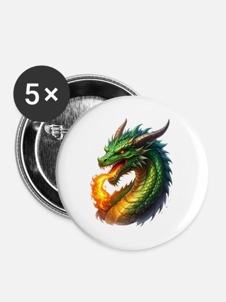 Feuer speiender Drache - Buttons groß 56 mm (5er Pack) - Weiß