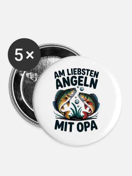 Angeln mit Opa – Zwei Barsche - Buttons groß 56 mm (5er Pack) - Weiß