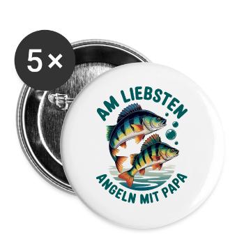 Angeln mit Papa - Buttons groß 56 mm (5er Pack) - Weiß - Vorne