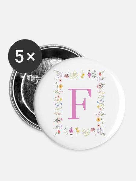 Florale Initialen "F", Buchstaben Monogramm  - Buttons groß 56 mm (5er Pack) - Weiß