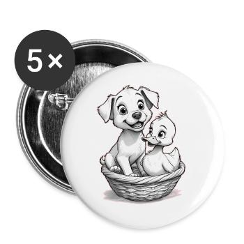 Cute Dog and Duck in the Basket – 🐶🦆 - Buttons large 2.2''/56 mm (5-pack) - white - Front