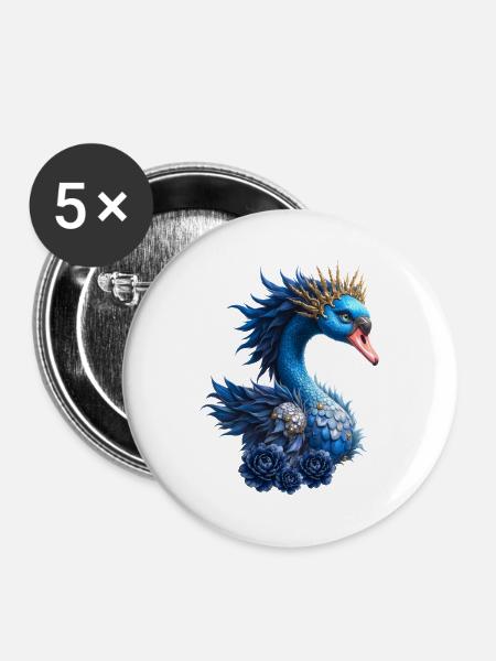 Königsblauer Vogel mit Krone - Buttons groß 56 mm (5er Pack) - Weiß