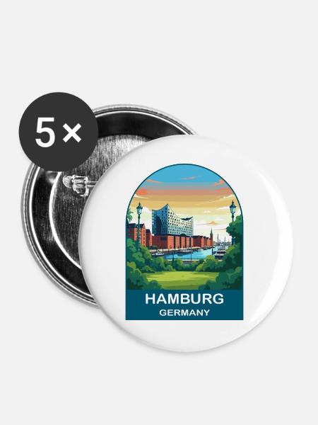 Hamburg, Deutschland Reise-Kunstplakat - Buttons groß 56 mm (5er Pack) - Weiß