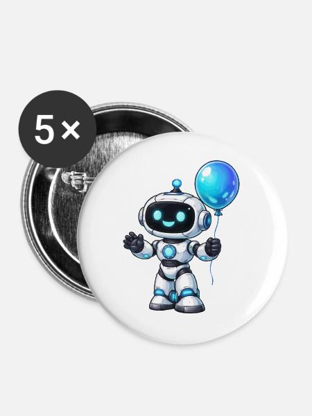 Kleiner Roboter mit Ballon - Buttons groß 56 mm (5er Pack) - Weiß
