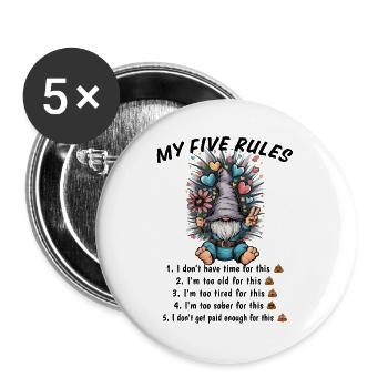 Meine fünf Regeln lustiger Gnom Humor - Buttons groß 56 mm (5er Pack) - Weiß - Vorne