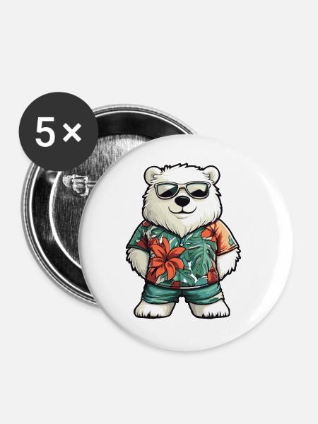 Eisbär Comic Urlaub - Buttons groß 56 mm (5er Pack) - Weiß