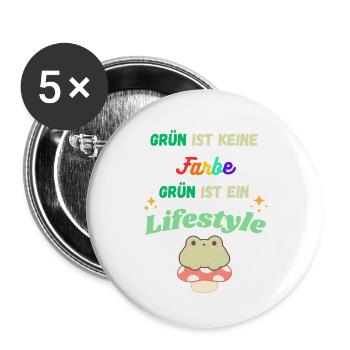 Grün ist Lifestyle – bunte Typo & Frosch - Buttons groß 56 mm (5er Pack) - Weiß - Vorne